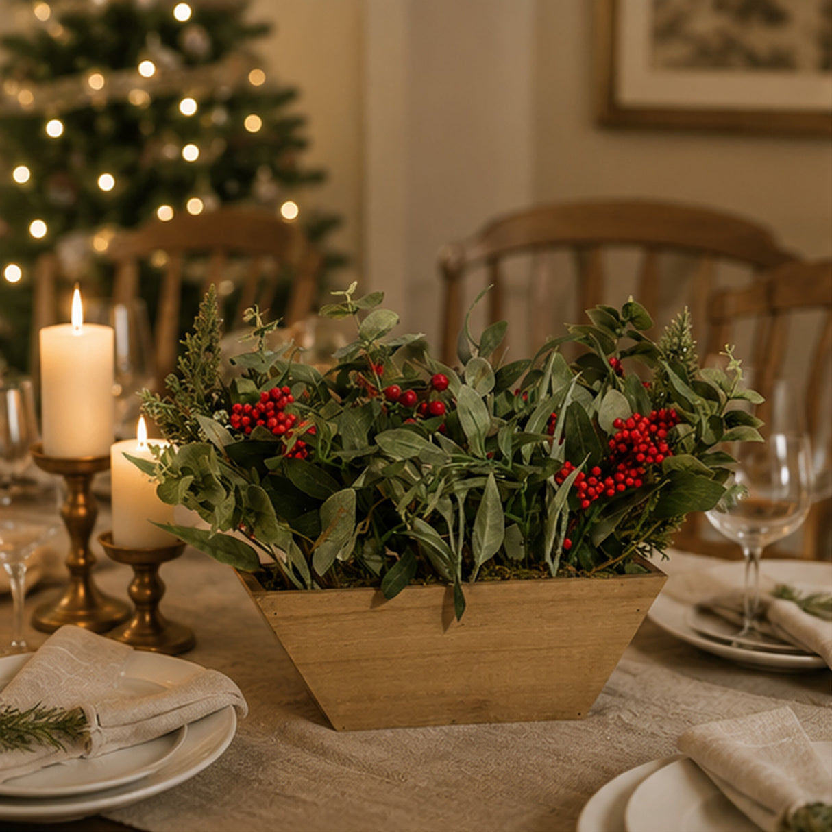 Christmas Eucalyptus & Berry Centerpiece in Wooden Box Table Decor