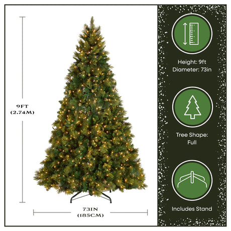 9ft Pre-Lit Carolina Pine Christmas Tree with Clear Lights & Pinecones