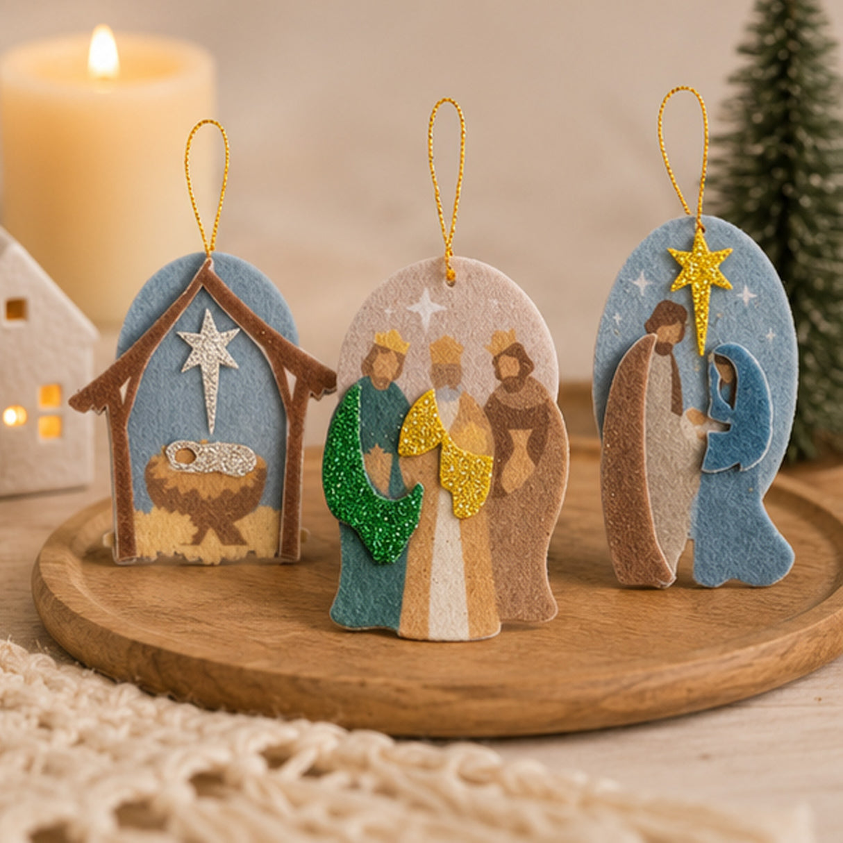 Simple Blessings Nativity Felt Christmas Ornaments 4.5 Inch 12 Pc