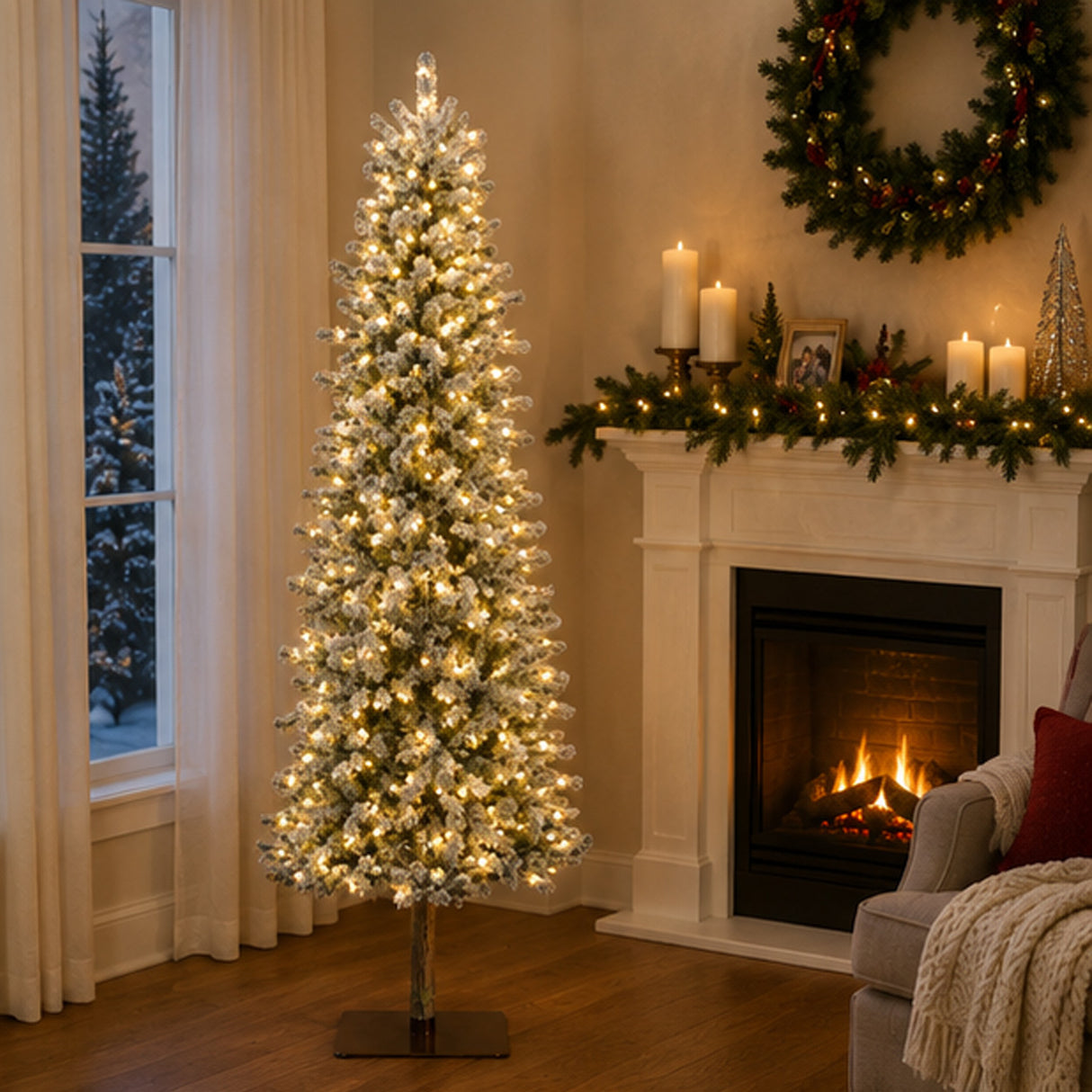 Pre Lit Flocked Alpine Slim Pencil Christmas Tree with LED Lights