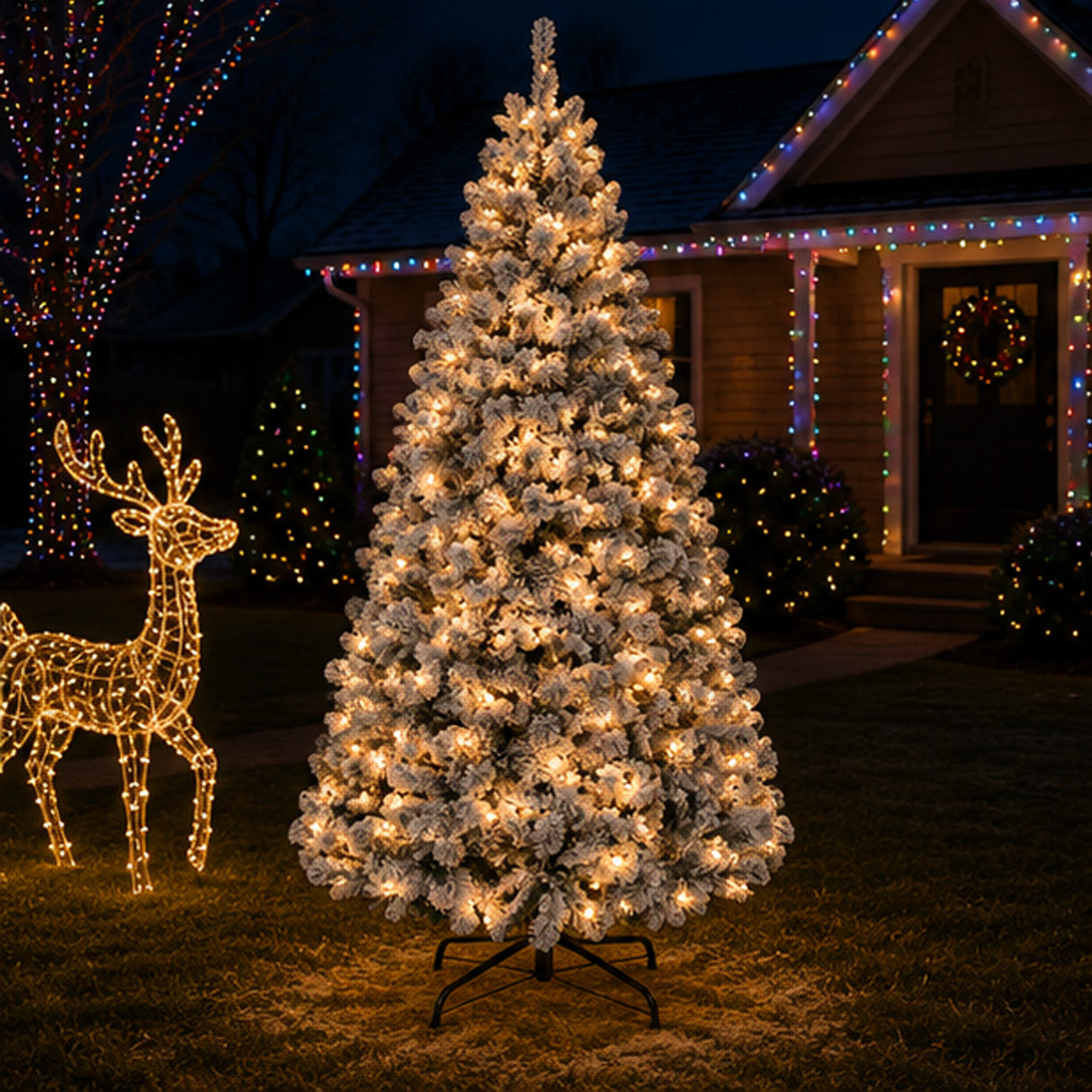 Pre Lit Snow Flocked Pine Christmas Tree with Warm White Lights