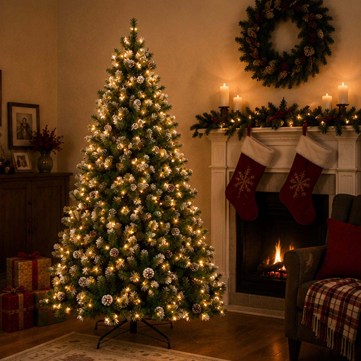 Pre Lit Flocked Christmas Tree with Pinecones Pre Decorated Design