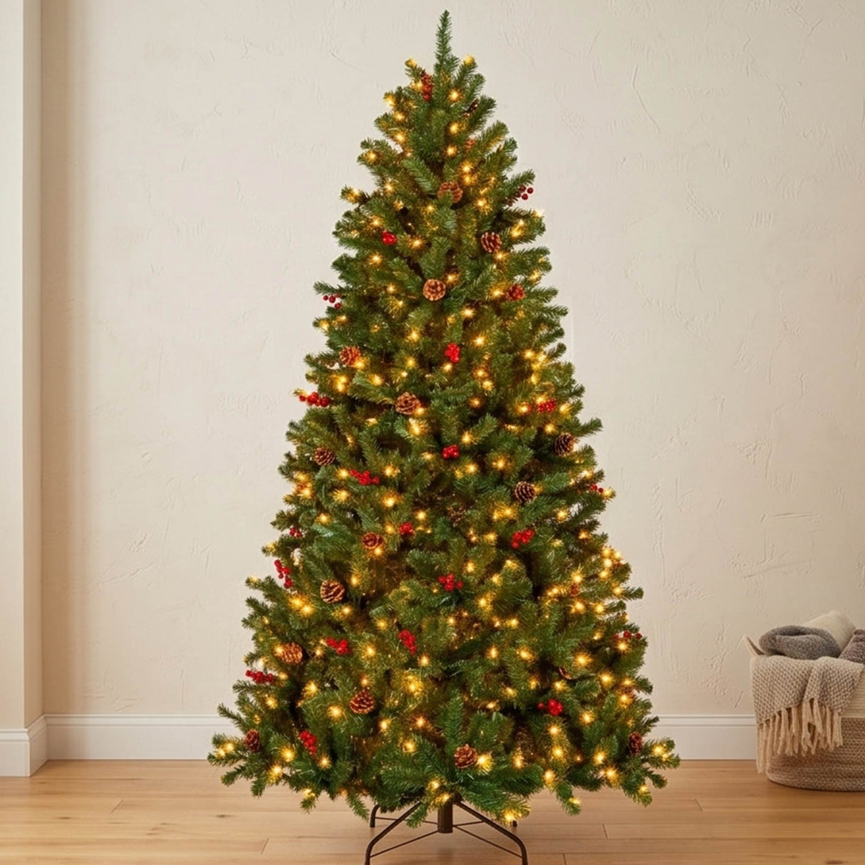 Pre Lit Pre Decorated Spruce Christmas Tree with Pine Cones and Berries