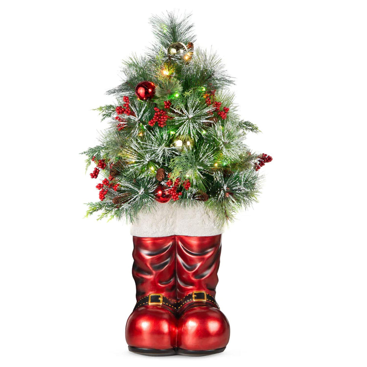 Santa Boots with Pre Decorated Christmas Greenery and Lights 40 Inch