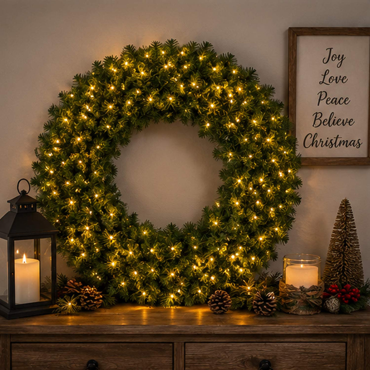 Pre Lit Artificial Fir Christmas Wreath with LED Lights Plug In PVC Tips