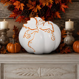 10" White Ceramic Pumpkin with Molded Leaves & Vines Halloween Decoration