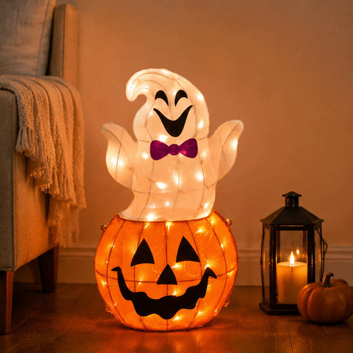 Halloween Pre-Lit Pumpkin and Ghost Lawn Decoration with LED Lights