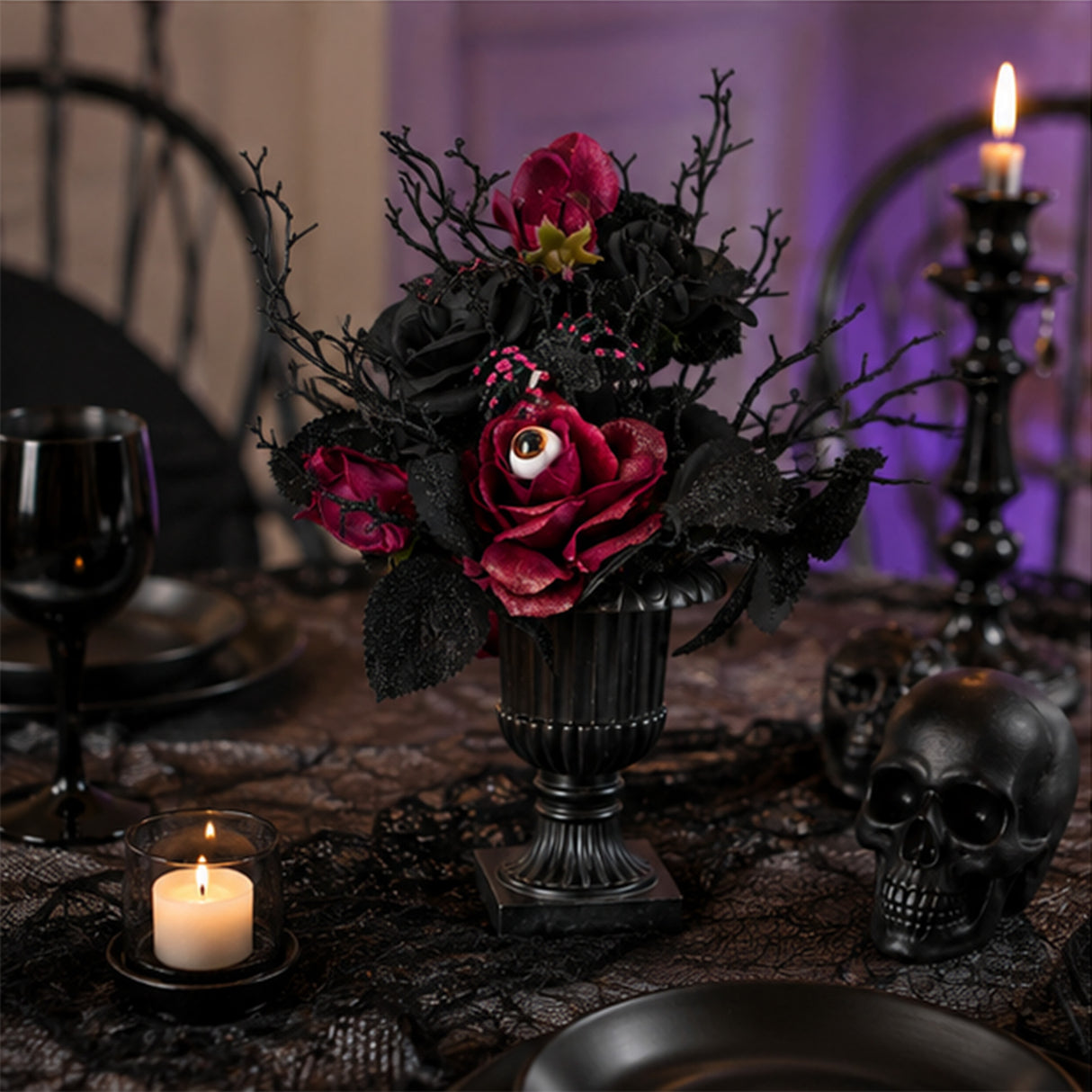 18 in. Halloween Rose Flowers Plant Decoration in a Black Urn