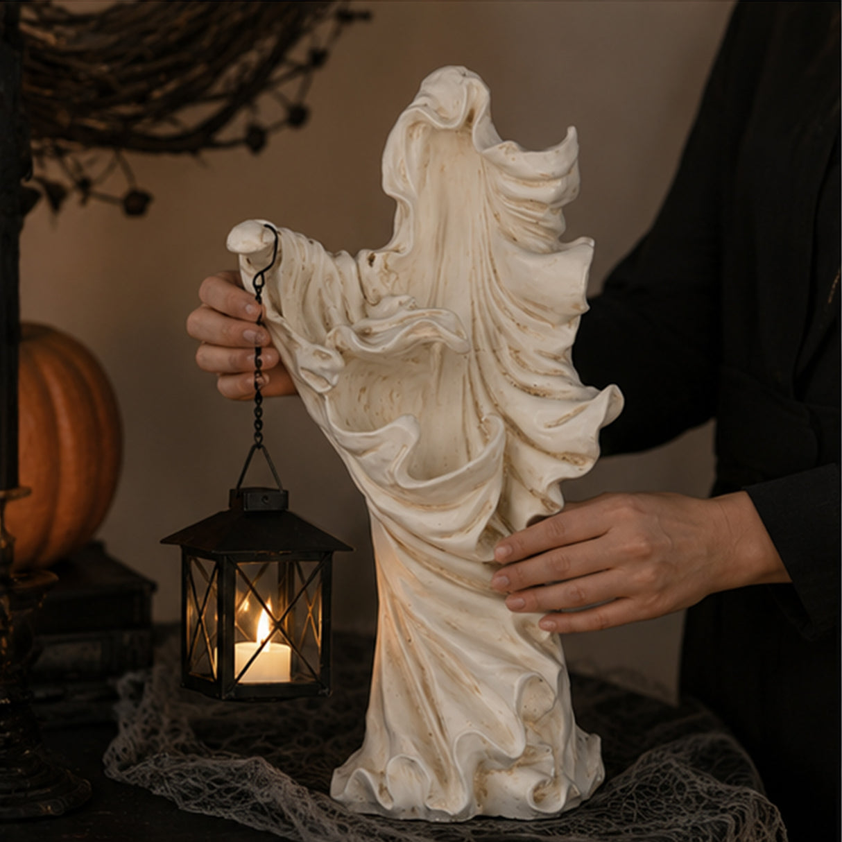 14 in. Halloween Ghost with Lantern Holds One Candle Tabletop Decoration