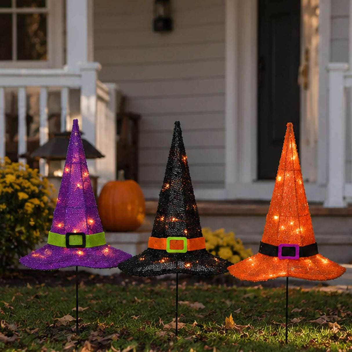Halloween Orange, Black and Purple Witch's Hat Garden Stakes with LED Lights