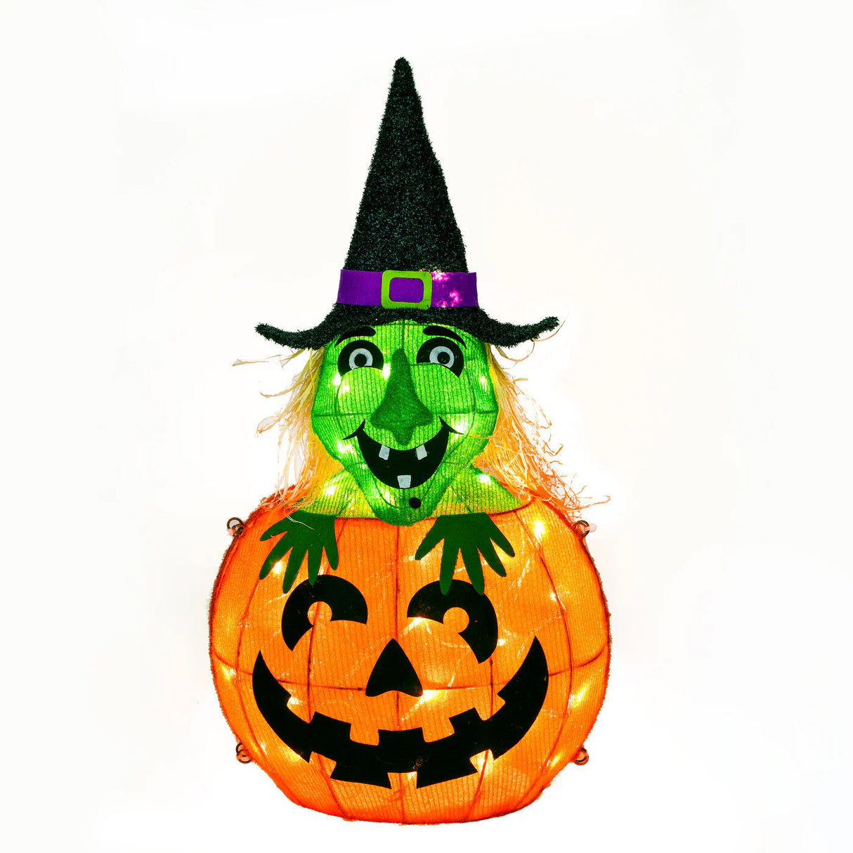 28 in. Halloween Pre-Lit Pumpkin and Witch Lighted Sign Decoration with LED Lights