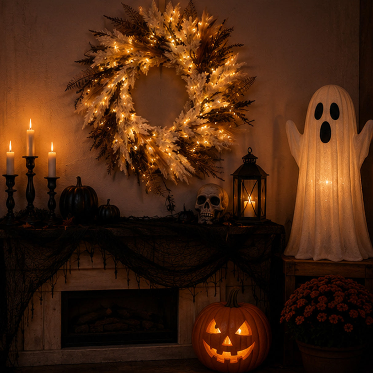 26 in Pre Lit Orange Black Pampas Halloween Wreath LED Decor