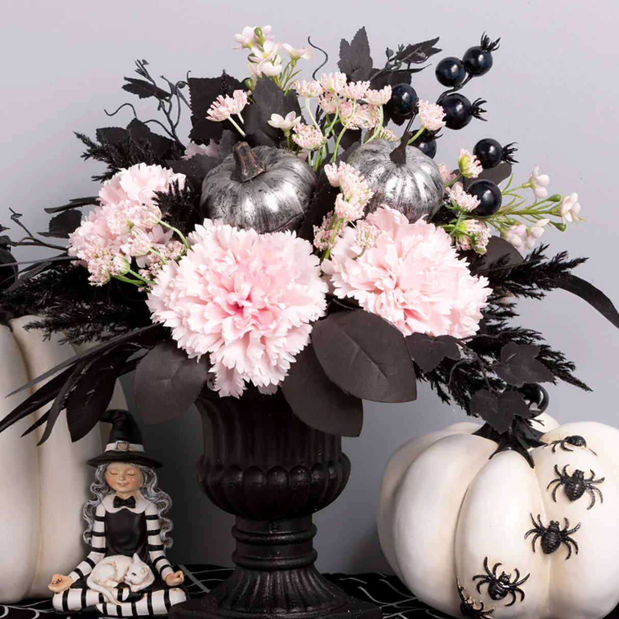 17IN Pink Carnation Halloween Centerpiece with Black Urn
