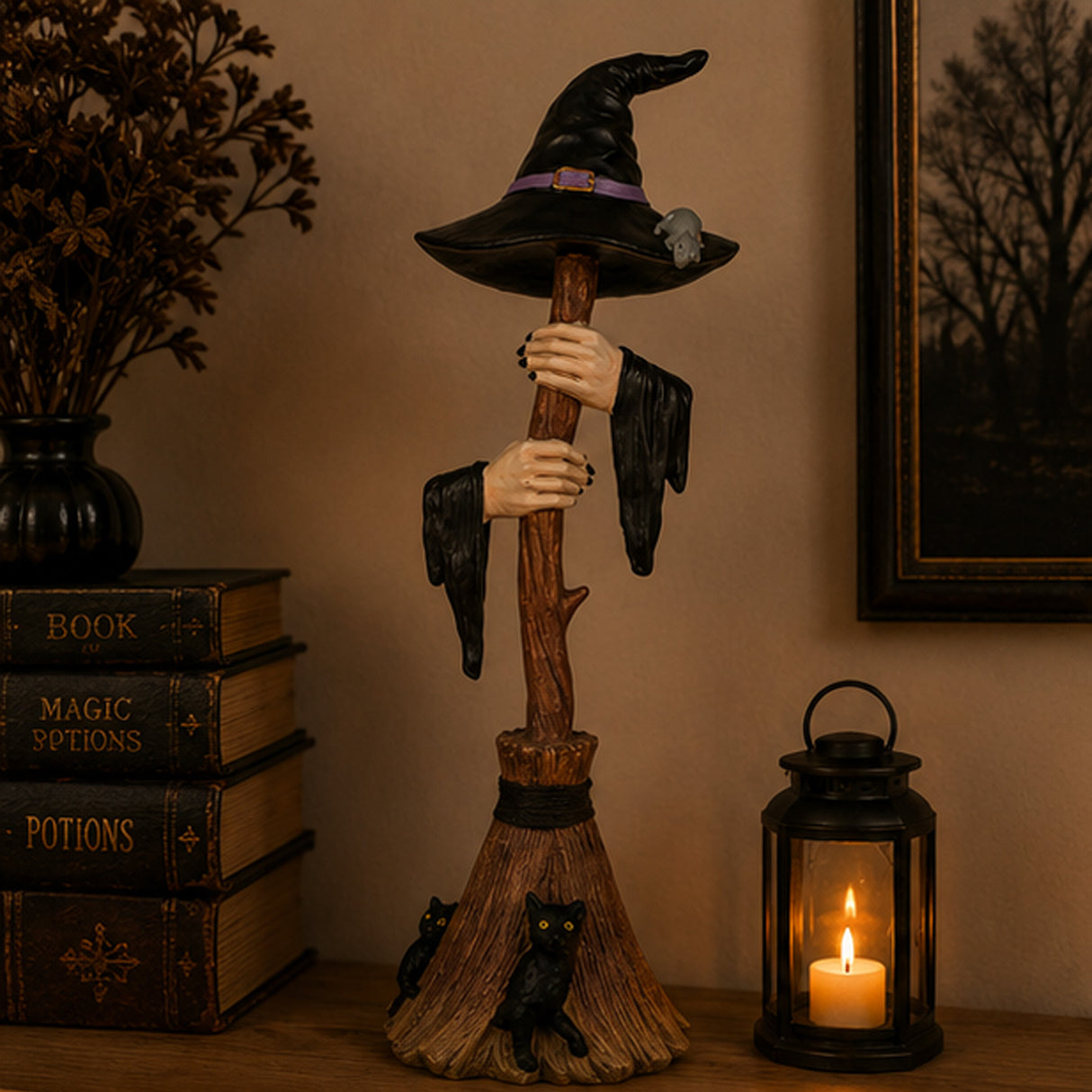 48IN Halloween Witch Broom with Arms & Hat Table Decor
