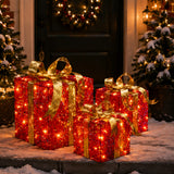 Pre-Lit Red Sparkle Christmas Gift Boxes Set of 3 with Gold Bows Plug-In Lights