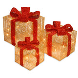 Pre-Lit Gold Gift Boxes, Set of Three, 35 White Lights