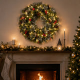 Pre-Lit 24 in. Crestwood Spruce Christmas Wreath with Warm White LED Lights, Battery Operated Timer Door Decoration