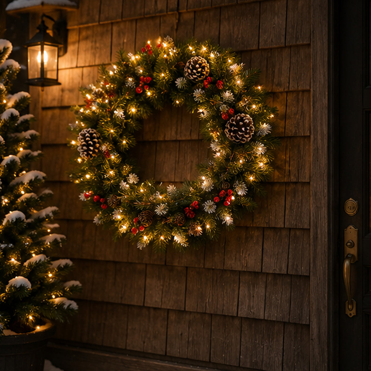 Pre-Lit 24 in. Frosted Berry Christmas Wreath with Clear Lights, Plug-In Holiday Door Decoration