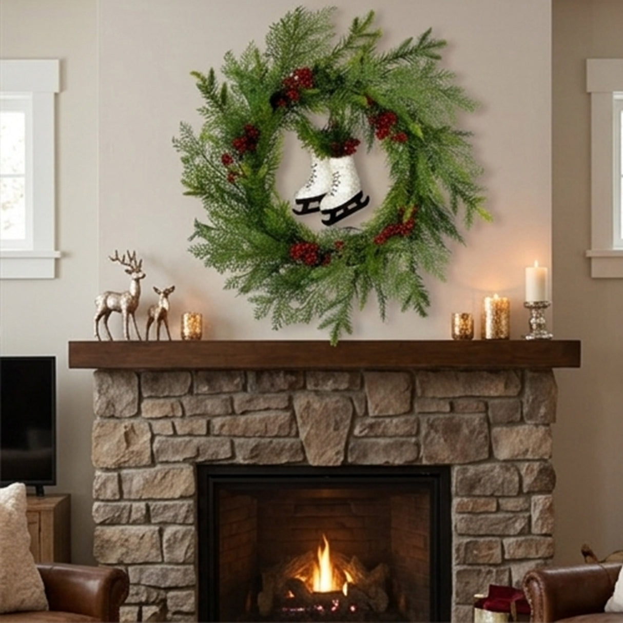 22IN Winter Skates Christmas Wreath with Red Berries