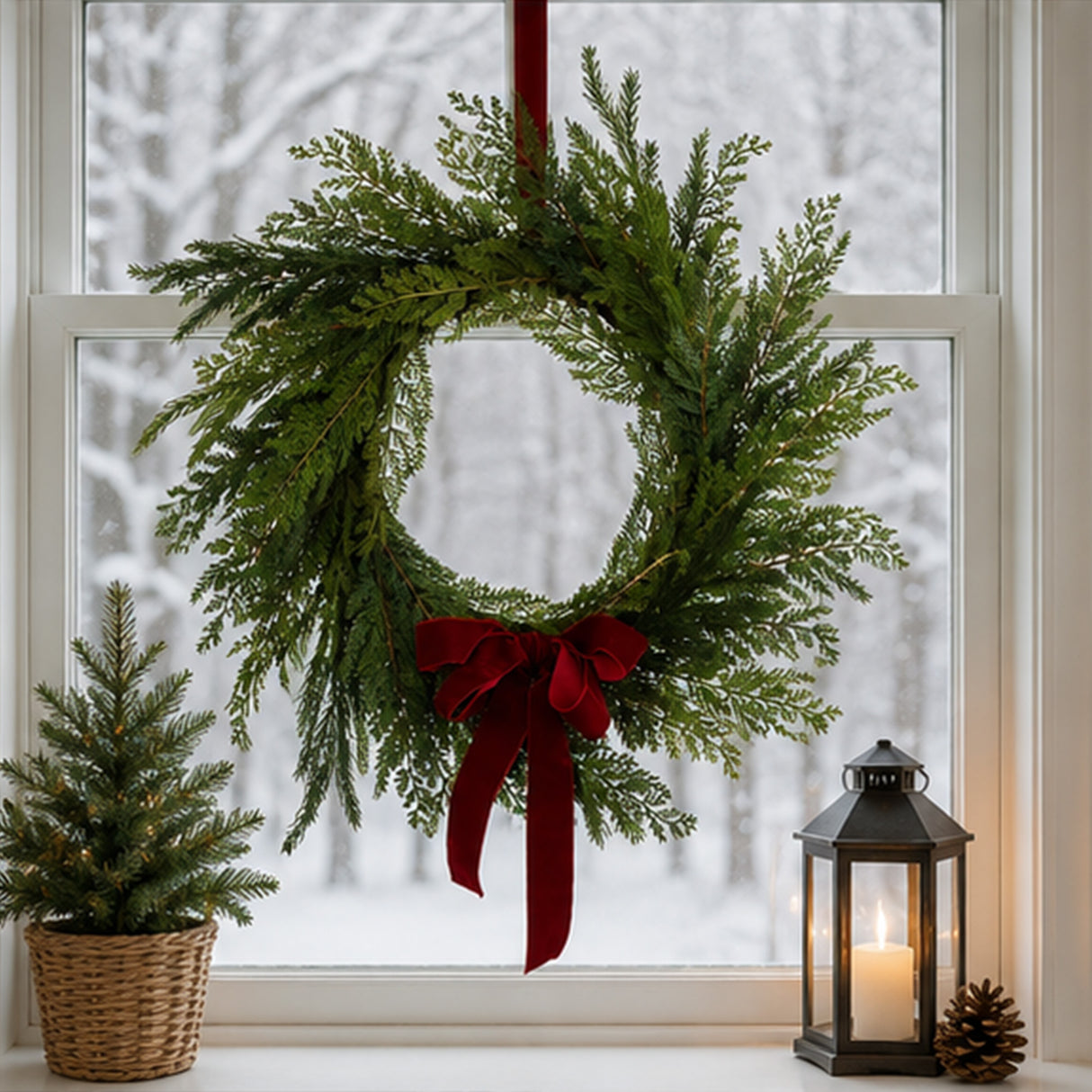 24IN Christmas Cottage Wreath with Dark Red Bow