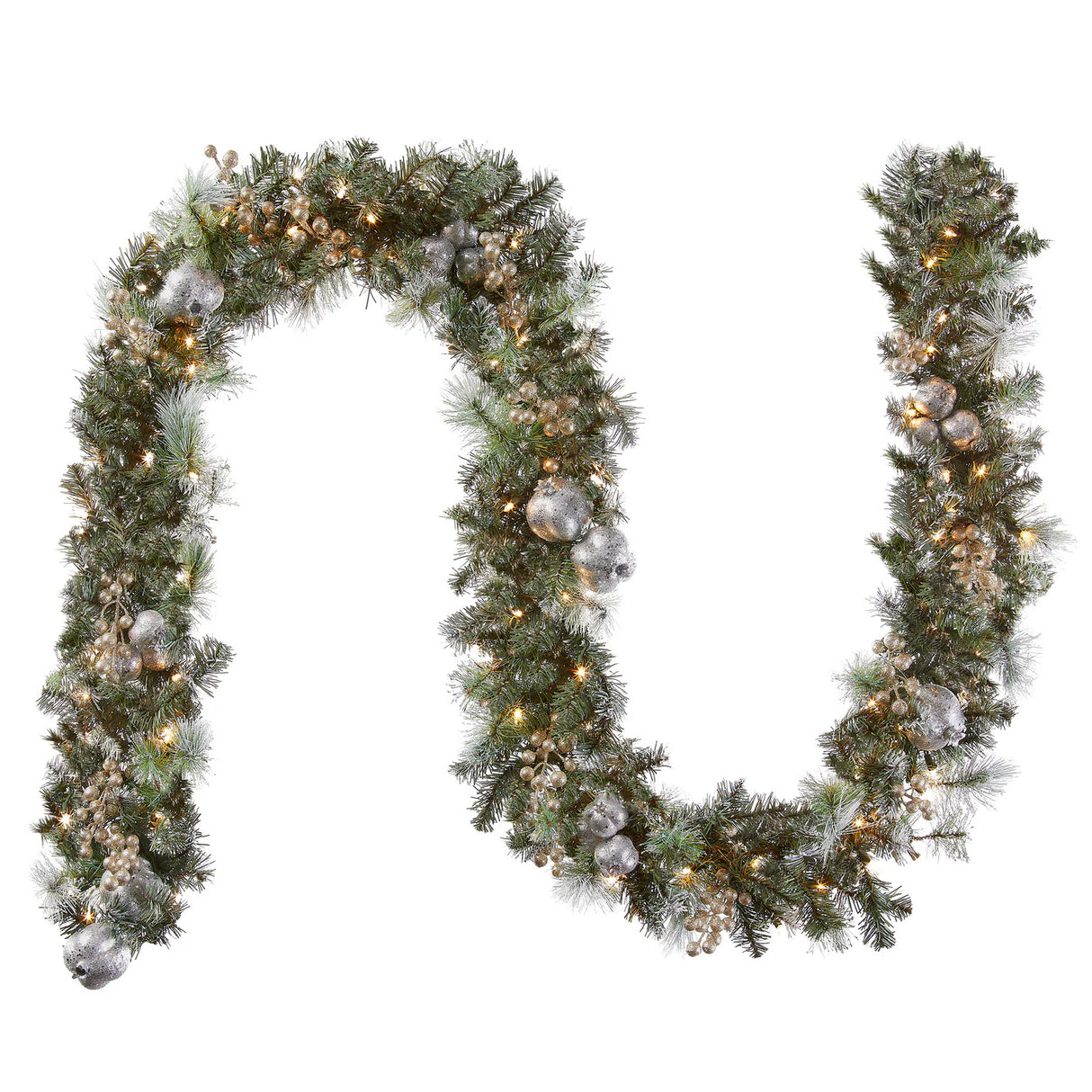 9FT Pre-Lit Glittery Pine Pomegranate Garland with Clear Lights
