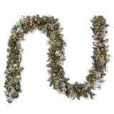 9FT Pre-Lit Glittery Pine Pomegranate Garland with Clear Lights