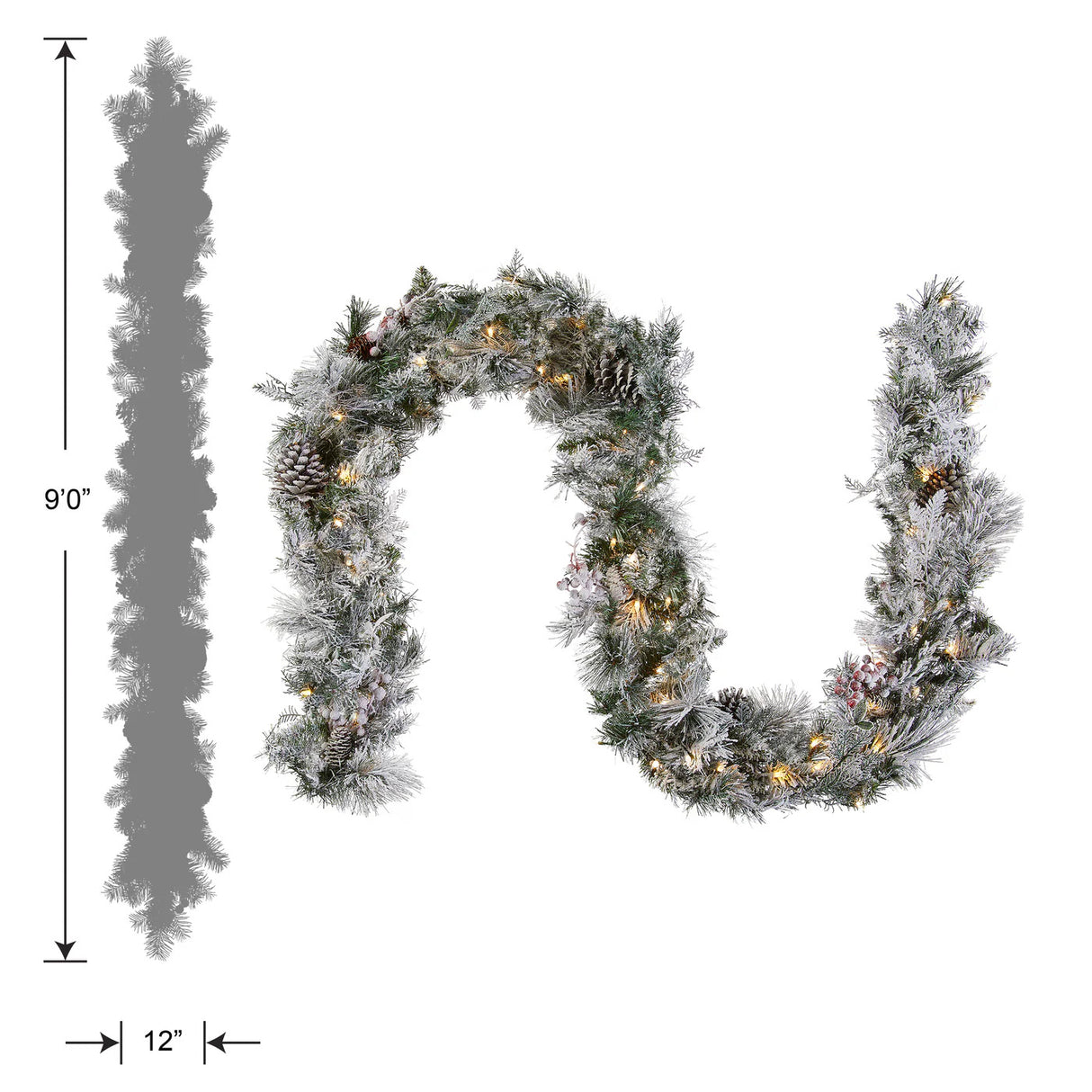 9FT Pre-Lit Snowy Bedford Pine Garland with LED Lights