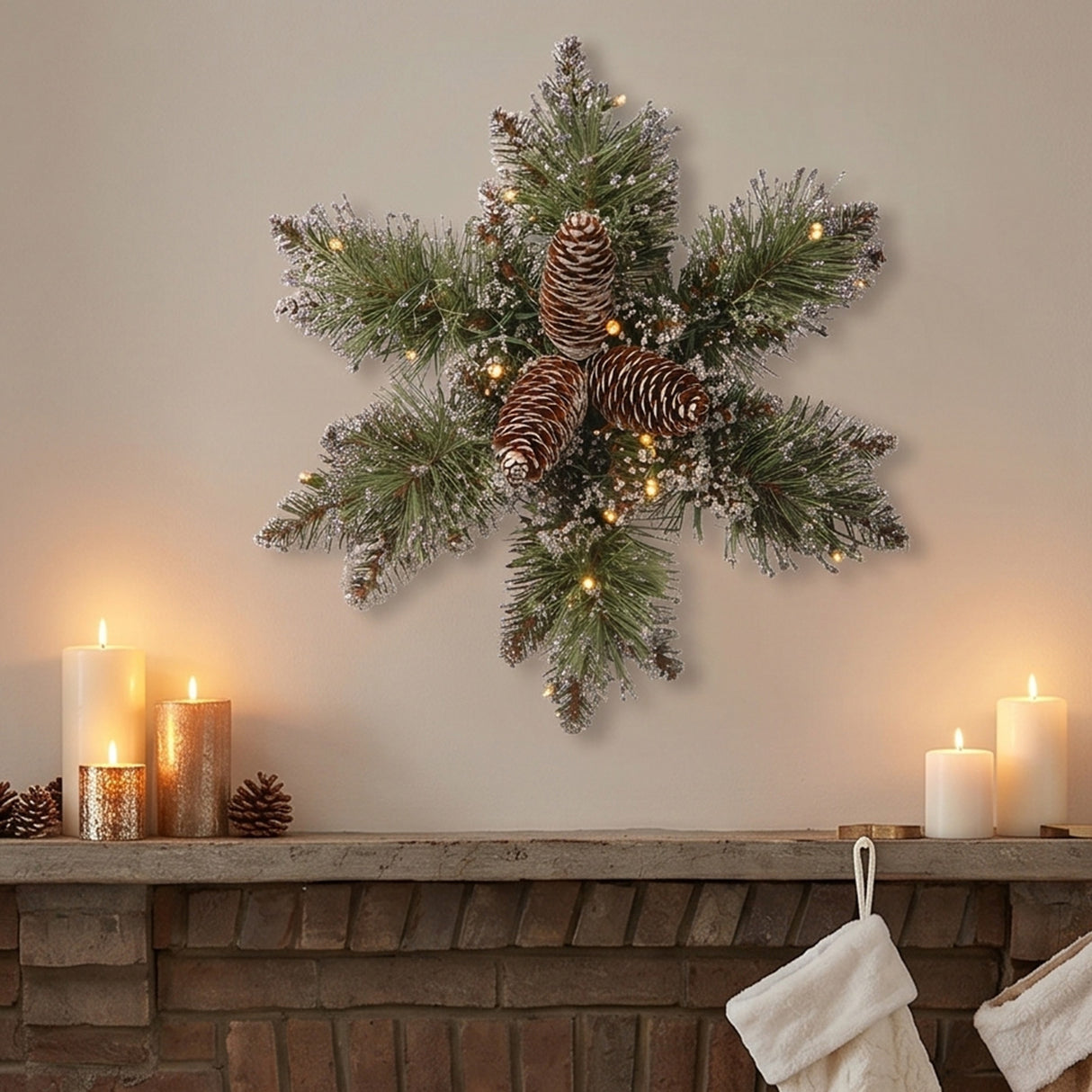 Pre-Lit Glittery Bristle Pine Snowflake Wreath with Warm White LED Lights, 14 Inch