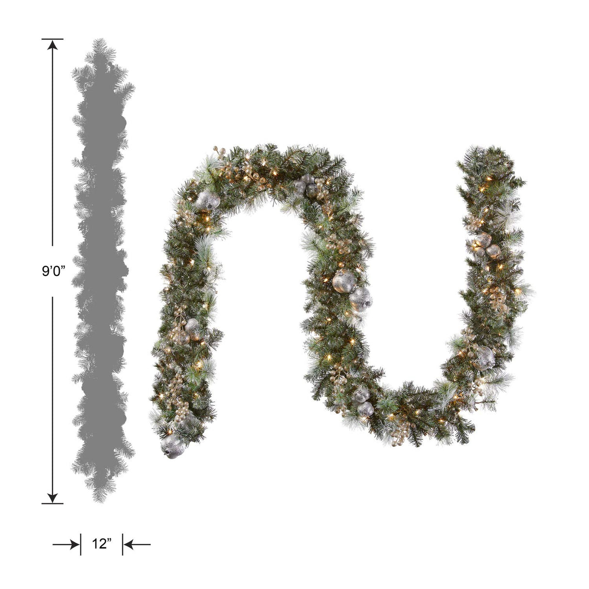 Pre-Lit Glittery Pine Pomegranate Garland with Clear Lights, 9 Foot (Plug-In)