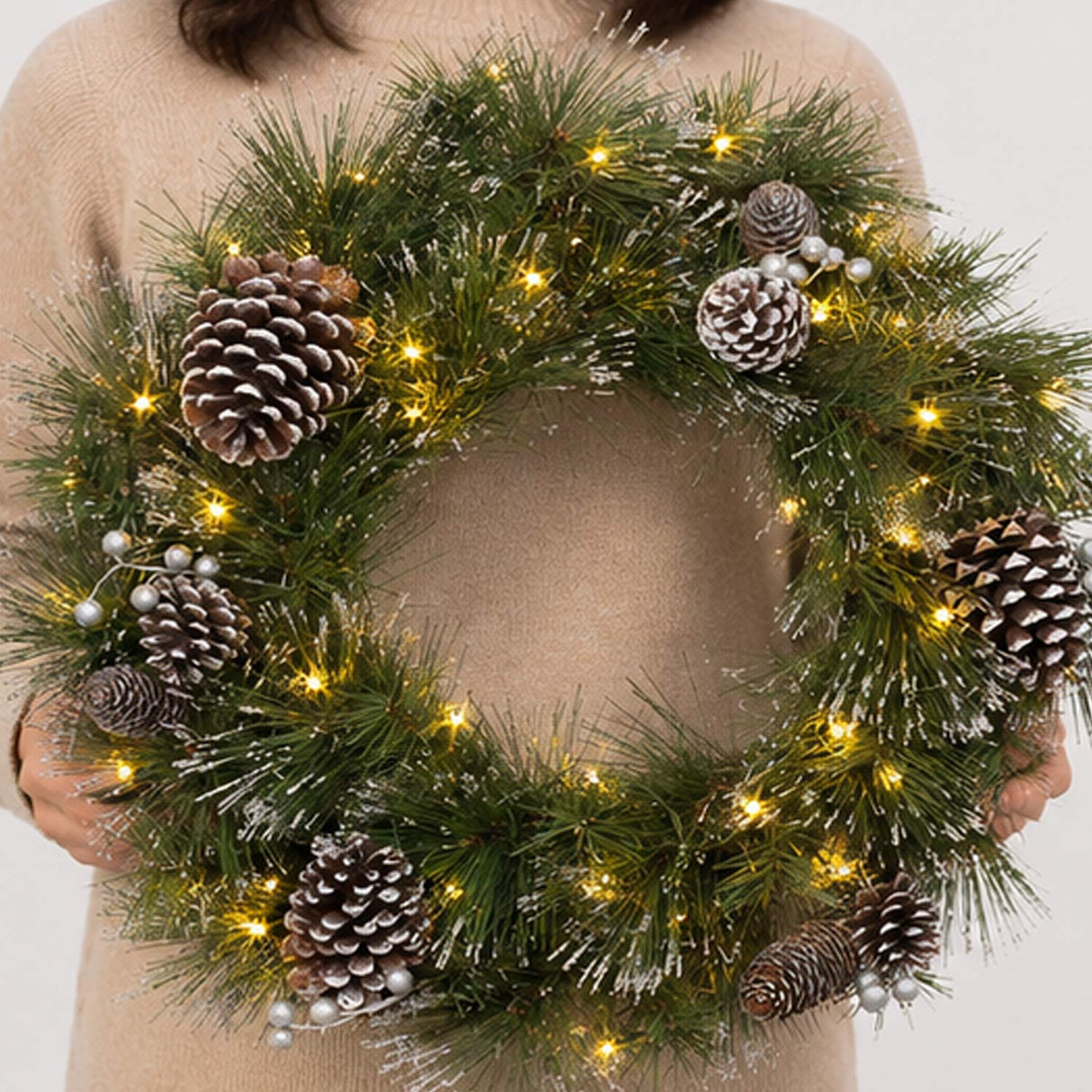 Pre-Lit Whitter Pine Wreath with Warm White LED Lights, 24 Inch