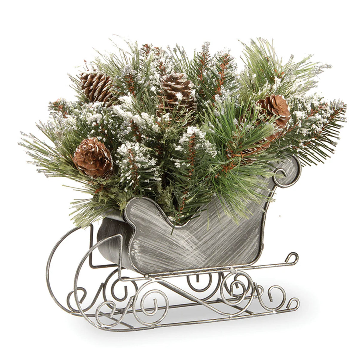Glittery Bristle Pine Decorative Sleigh Accent with Pinecones, 10 Inch