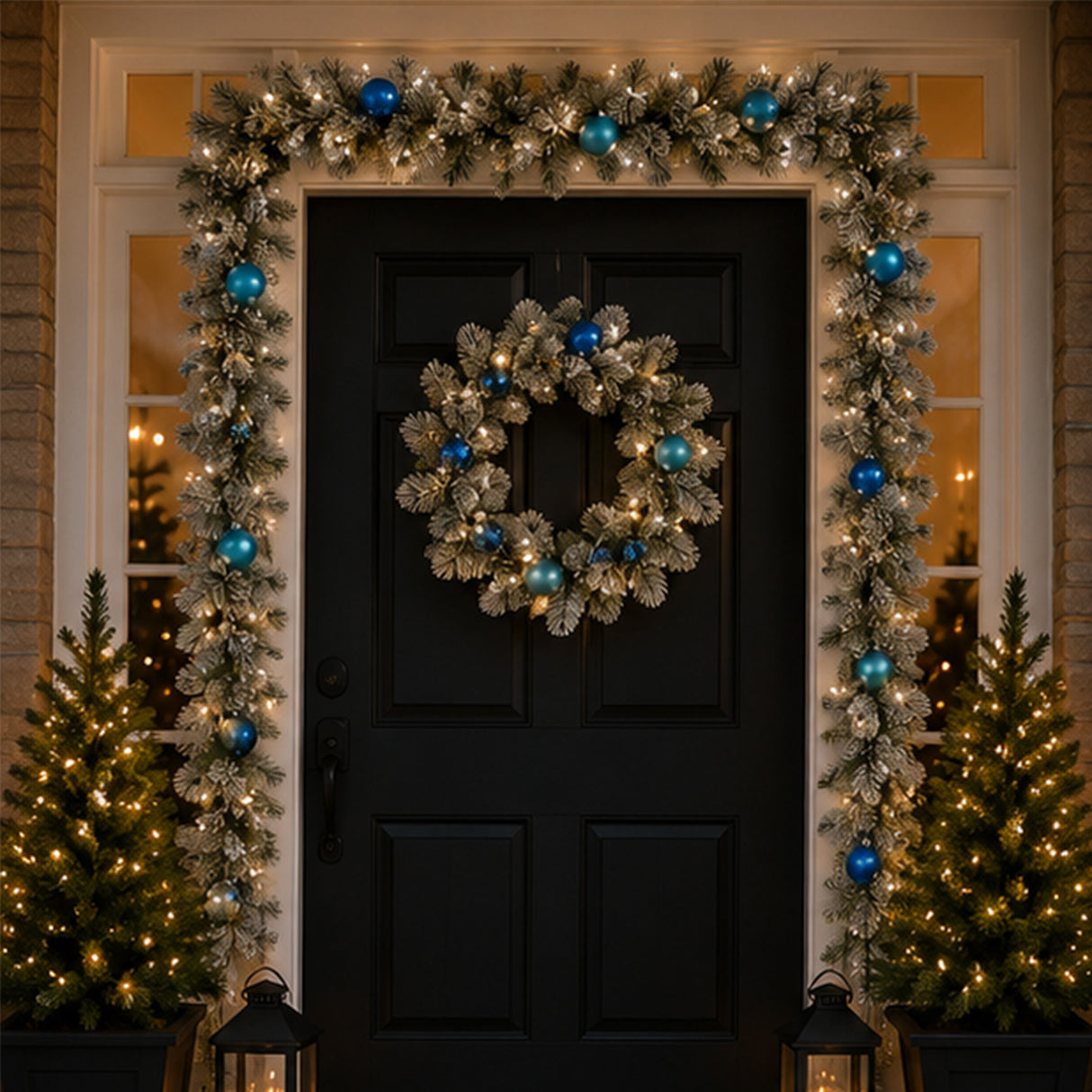 Pre-Lit Snowy Tinkham Pine Christmas Garland with Blue Ornaments & LED Lights, 9 Foot