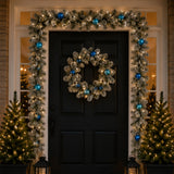 Pre-Lit Snowy Tinkham Pine Christmas Garland with Blue Ornaments & LED Lights, 9 Foot