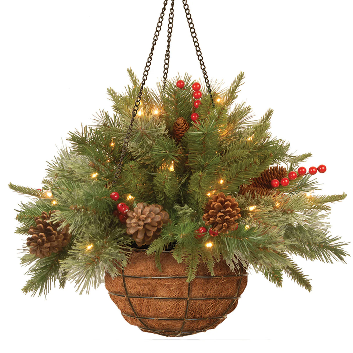 Pre-Lit Colonial Fir Hanging Basket with LED Lights, 20 Inch Christmas Decor