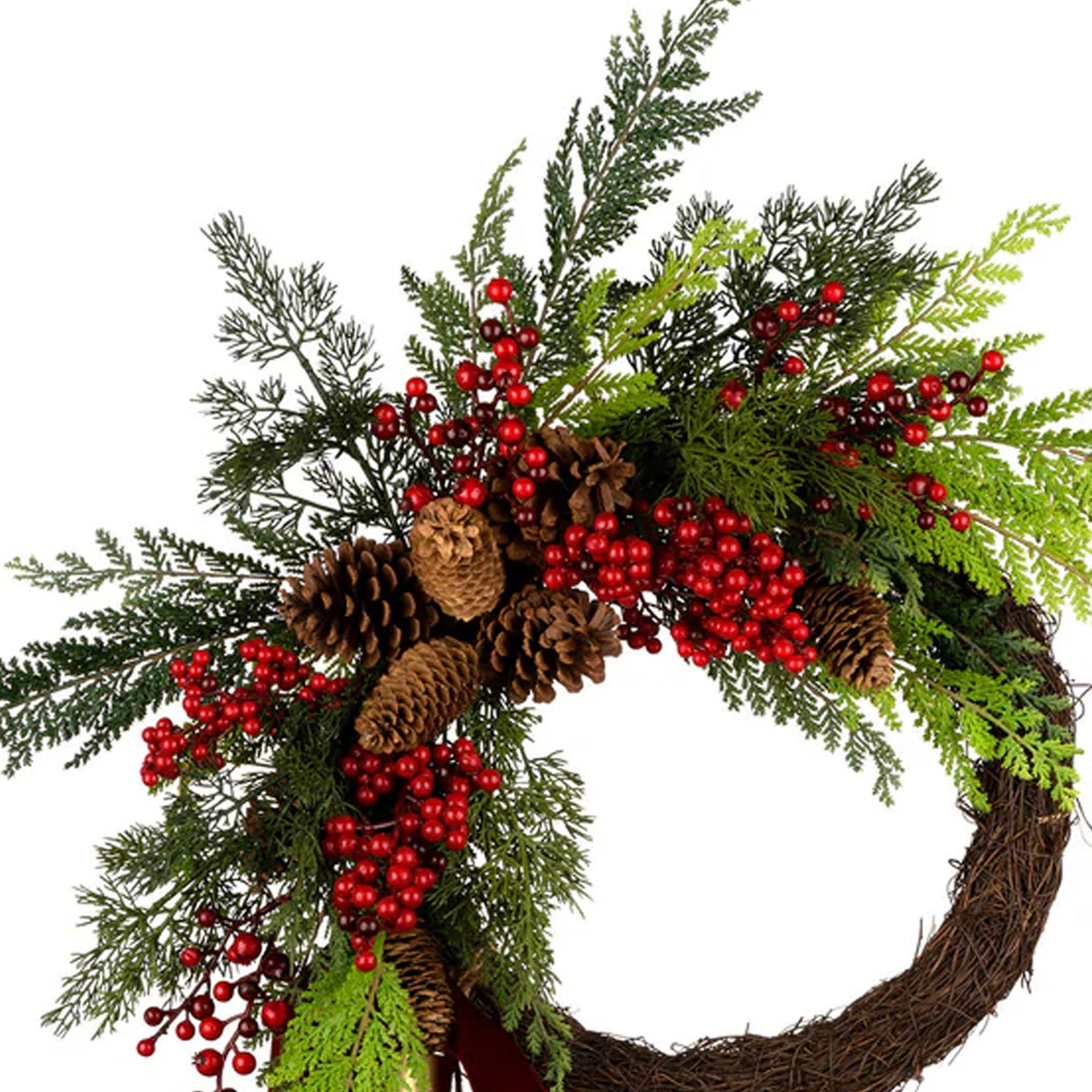 Christmas Joy Chimes Wreath with Red Berries, 24 Inch Holiday Door Decor