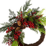 Christmas Joy Chimes Wreath with Red Berries, 24 Inch Holiday Door Decor