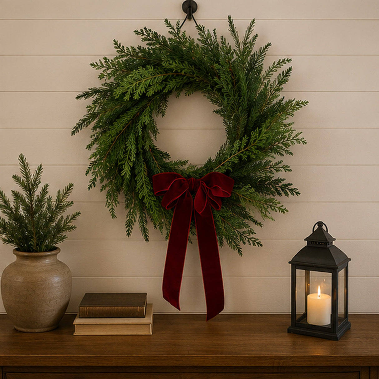 Christmas Cottage Wreath with Red Bow, 24 Inch Holiday Door Decor