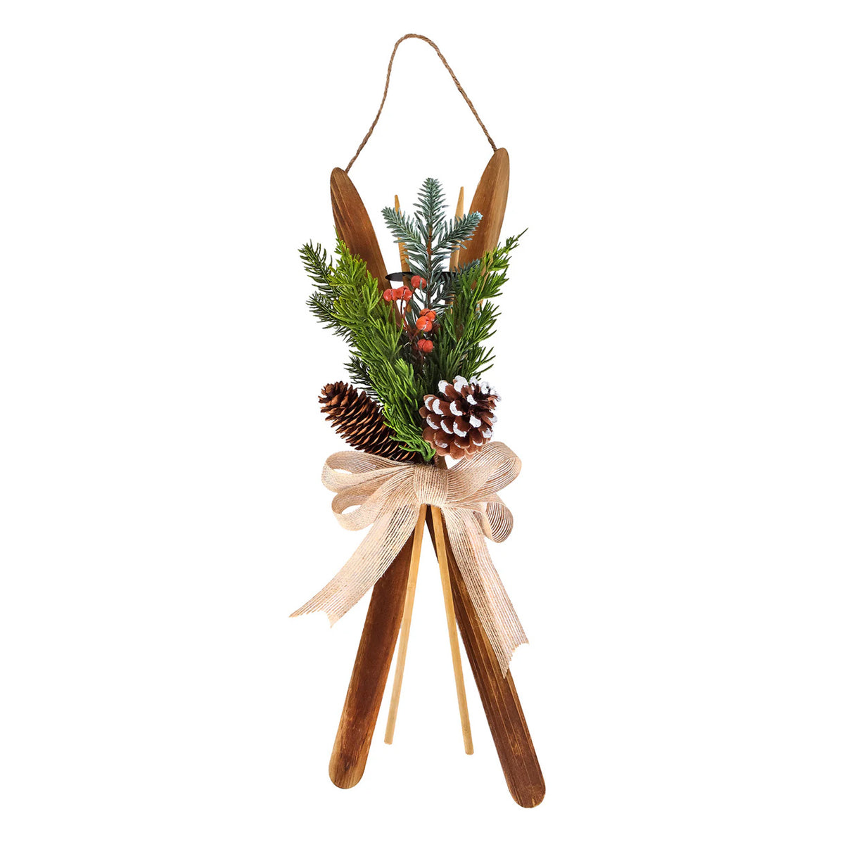 17in Holiday Skis Wall Decor with Berries, Pinecones & Bow