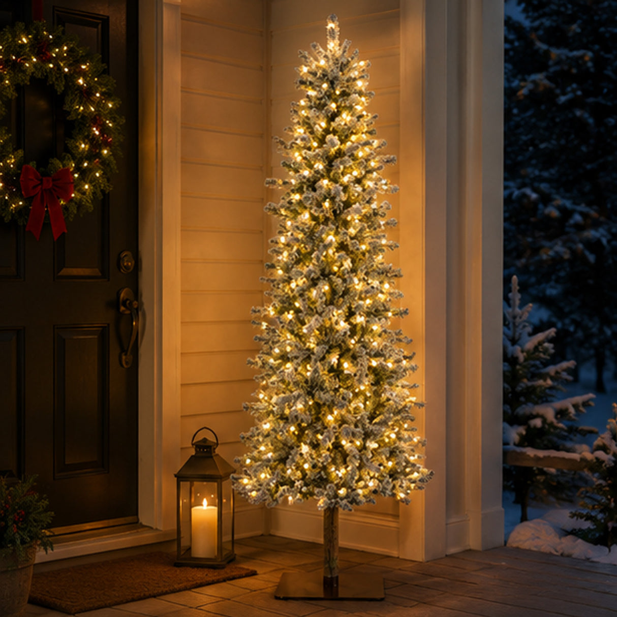 Pre Lit Flocked Alpine Slim Pencil Christmas Tree with LED Lights