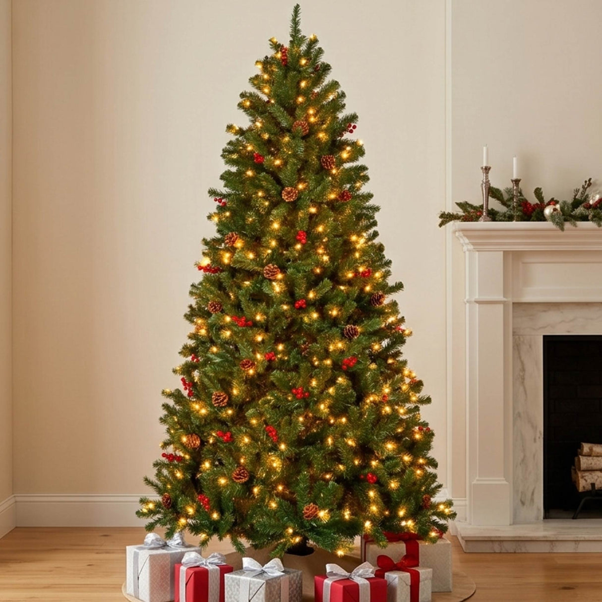 Pre Lit Pre Decorated Spruce Christmas Tree with Pine Cones and Berries