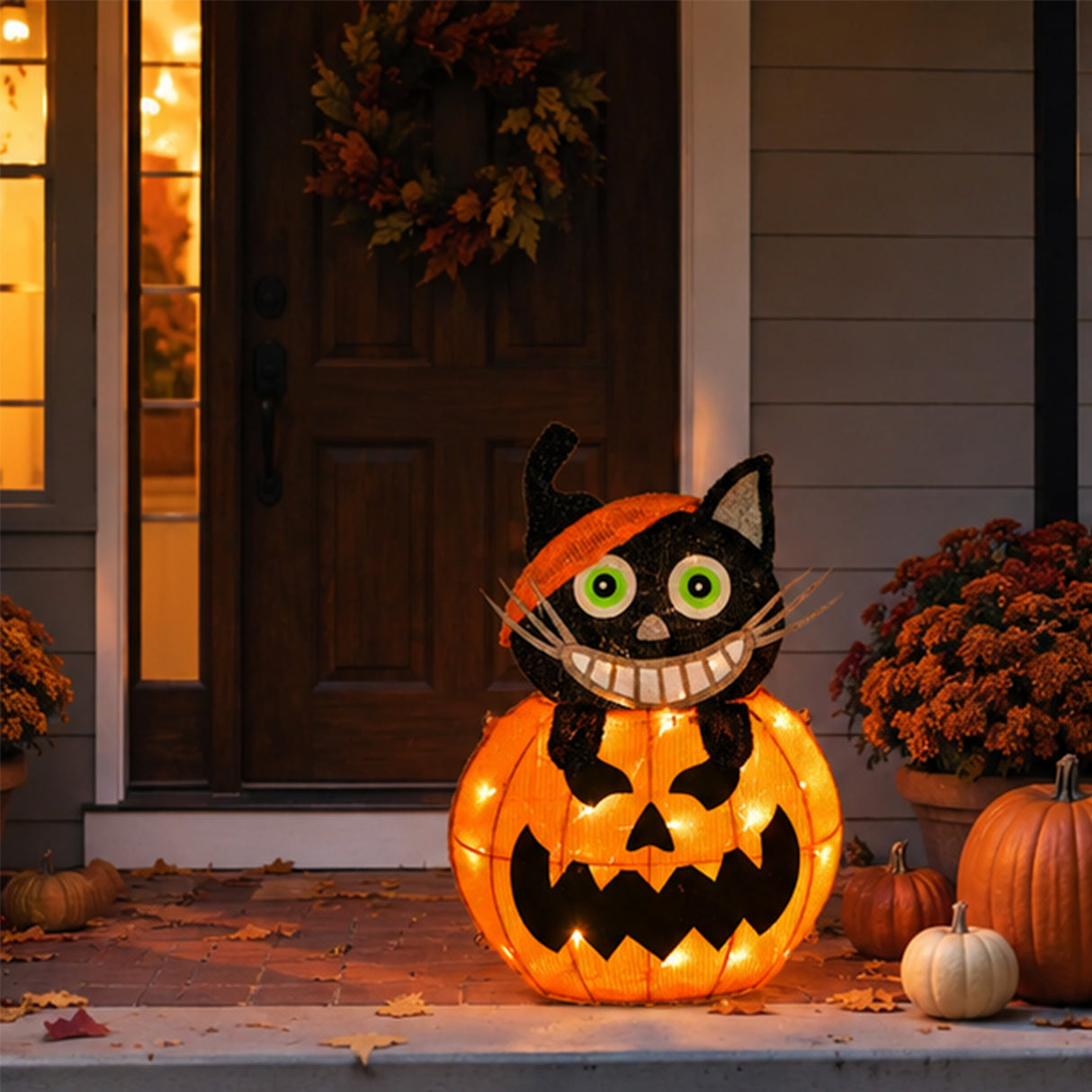 23 in. Halloween Pre-Lit Pumpkin and Black Cat Lighted Sign Decoration with LED Lights
