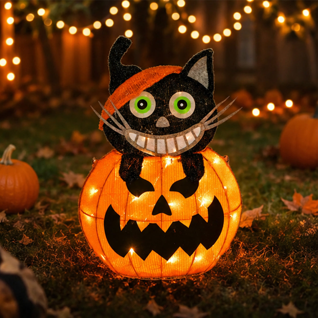 23 in. Halloween Pre-Lit Pumpkin and Black Cat Lighted Sign Decoration with LED Lights