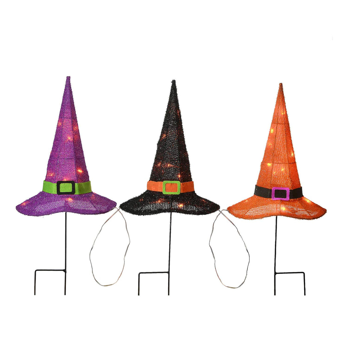 Halloween Orange, Black and Purple Witch's Hat Garden Stakes with LED Lights