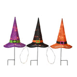 Halloween Orange, Black and Purple Witch's Hat Garden Stakes with LED Lights