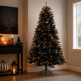 7 ft. Halloween Pre-Lit North Valley Spruce Full Black Tree with White Lights, Plug-In