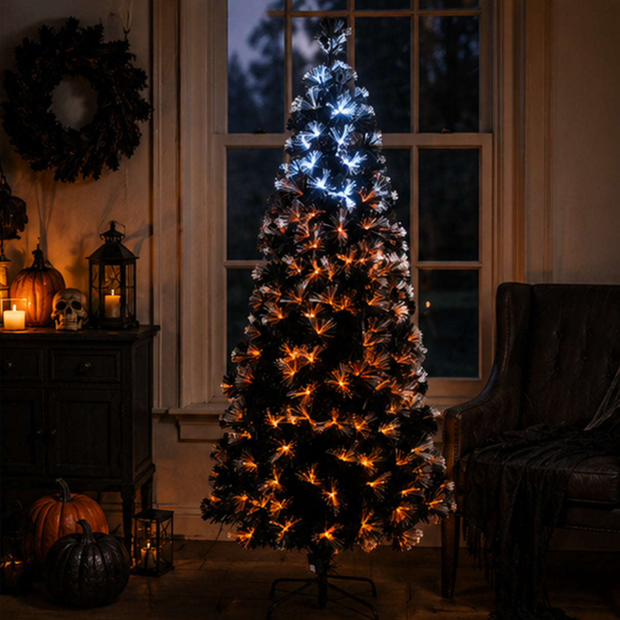 6 ft. Halloween Pre-Lit Black Tree with Fiber Optic Candy Corn LED Lights, Plug-In