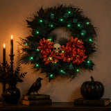 24IN Halloween Boo-tiful Wreath with Orange Florals, Skull & Green LED Lights