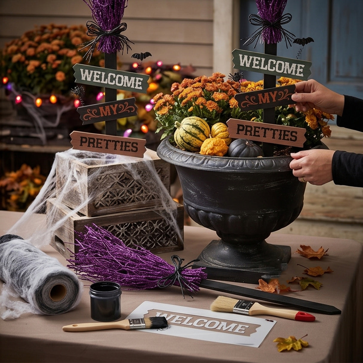 33IN Halloween “Welcome My Pretties” Witch Broom Garden Stake Decor