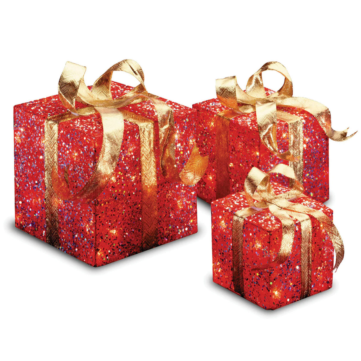 Pre-Lit Red Sparkle Christmas Gift Boxes Set of 3 with Gold Bows Plug-In Lights