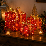 Pre-Lit Red Sparkle Christmas Gift Boxes Set of 3 with Gold Bows Plug-In Lights